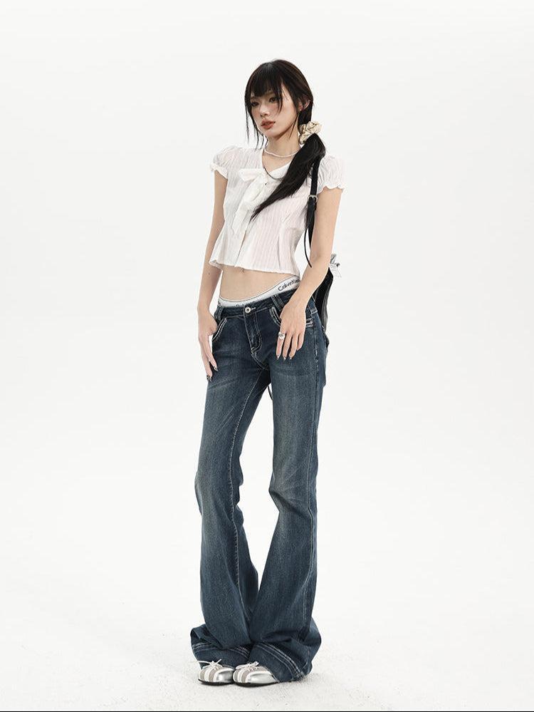 Lazy Faded Low Waist Flared Jeans-korean-fashion-Jeans-Lazy's Closet-OH Garments