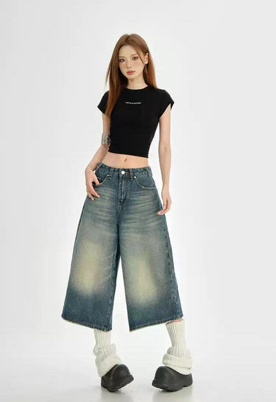 Lazy Faded Mid-Length Denim Shorts-korean-fashion-Shorts-Lazy's Closet-OH Garments