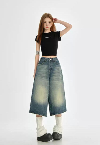Lazy Faded Mid-Length Denim Shorts-korean-fashion-Shorts-Lazy's Closet-OH Garments