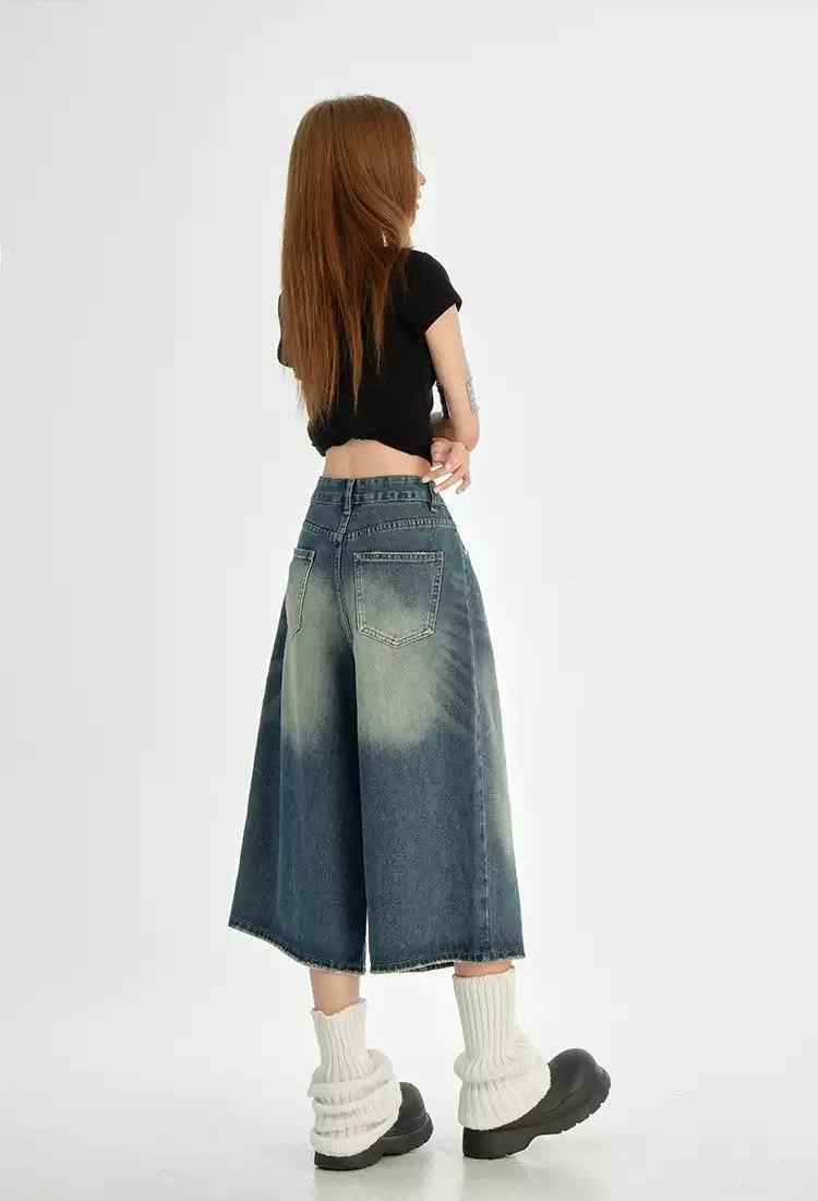 Lazy Faded Mid-Length Denim Shorts-korean-fashion-Shorts-Lazy's Closet-OH Garments