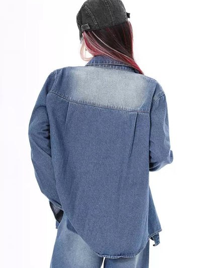 Lazy Faded Pocket Denim Shirt-korean-fashion-Shirt-Lazy's Closet-OH Garments