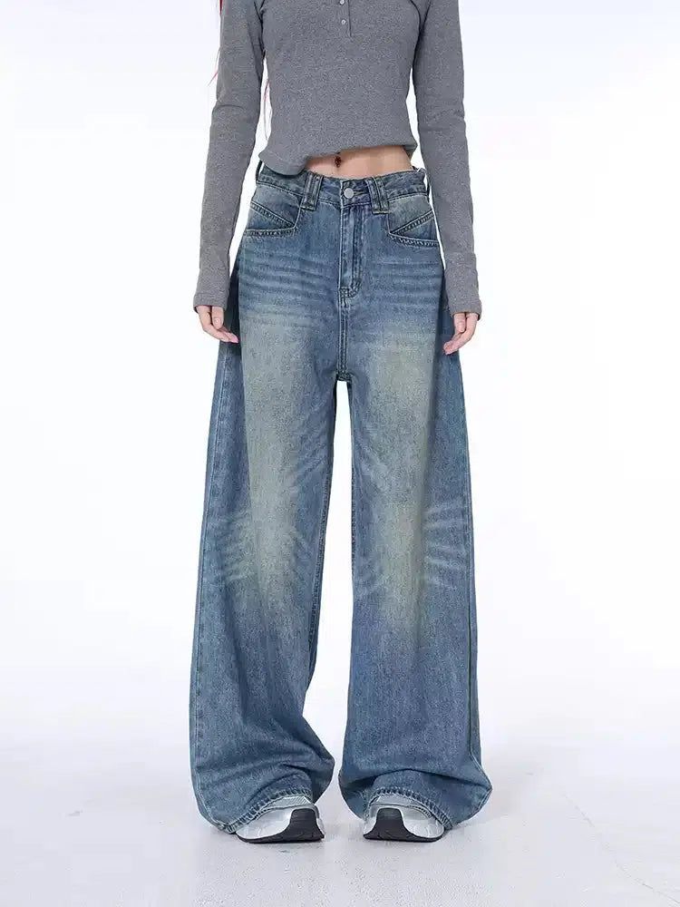 Lazy Faded Scratched Wide Fit Jeans-korean-fashion-Jeans-Lazy's Closet-OH Garments