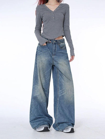 Lazy Faded Scratched Wide Fit Jeans-korean-fashion-Jeans-Lazy's Closet-OH Garments