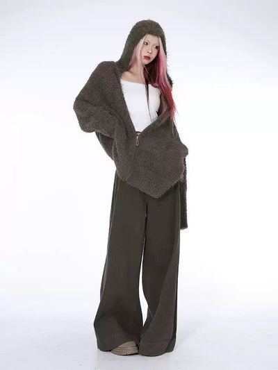 Lazy Fuzzy Hooded Zipped Sweater-korean-fashion-Sweater-Lazy's Closet-OH Garments