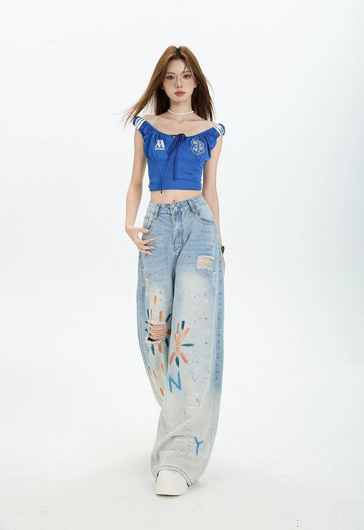 Lazy Gradient Graffiti Wide Ripped Jeans-korean-fashion-Jeans-Lazy's Closet-OH Garments