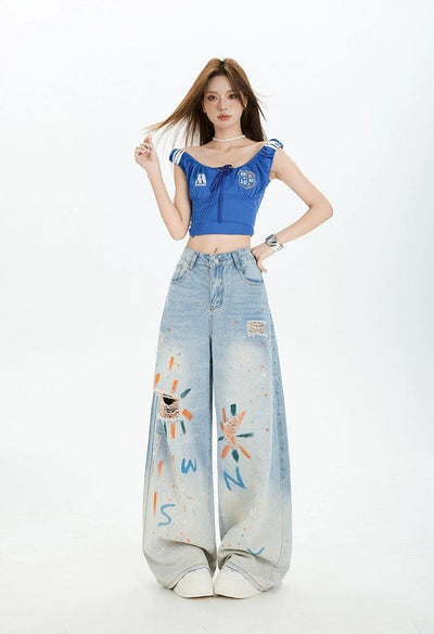 Lazy Gradient Graffiti Wide Ripped Jeans-korean-fashion-Jeans-Lazy's Closet-OH Garments