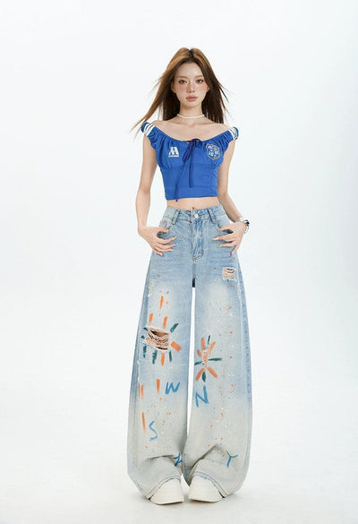 Lazy Gradient Graffiti Wide Ripped Jeans-korean-fashion-Jeans-Lazy's Closet-OH Garments