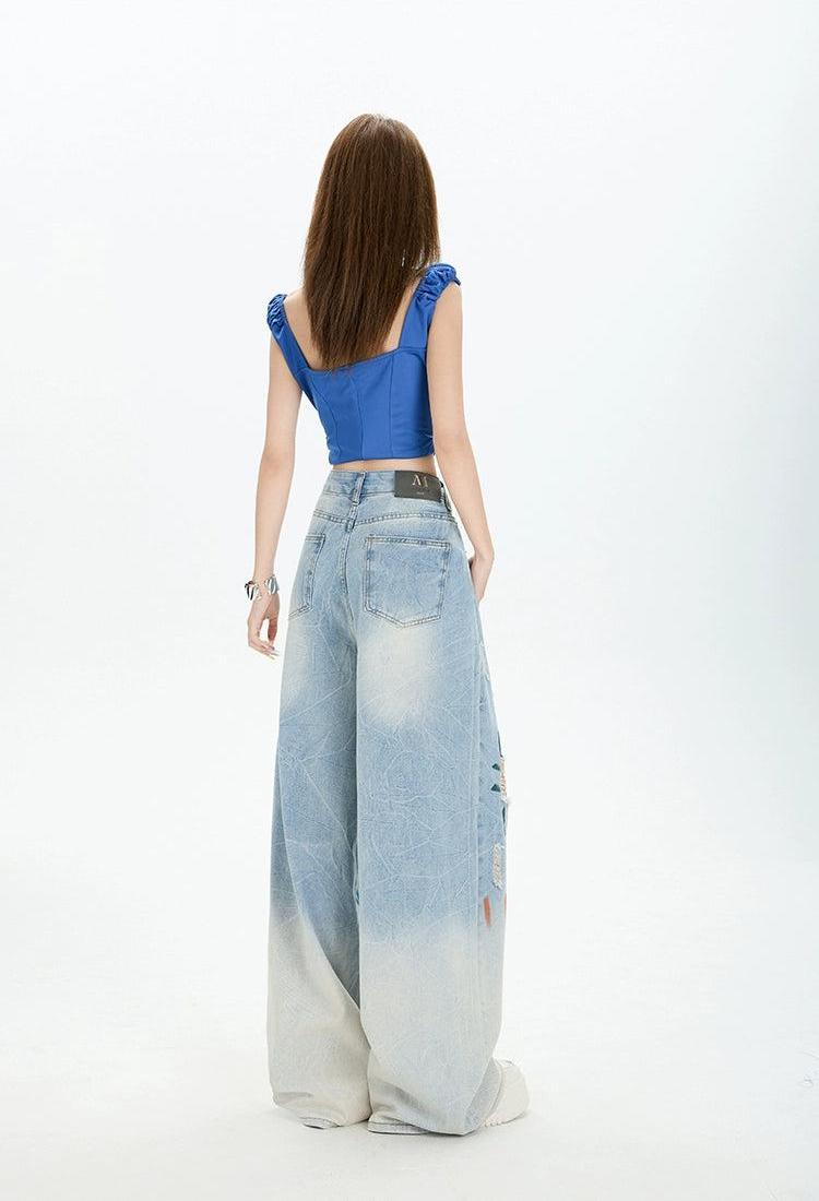 Lazy Gradient Graffiti Wide Ripped Jeans-korean-fashion-Jeans-Lazy's Closet-OH Garments