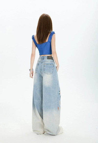 Lazy Gradient Graffiti Wide Ripped Jeans-korean-fashion-Jeans-Lazy's Closet-OH Garments