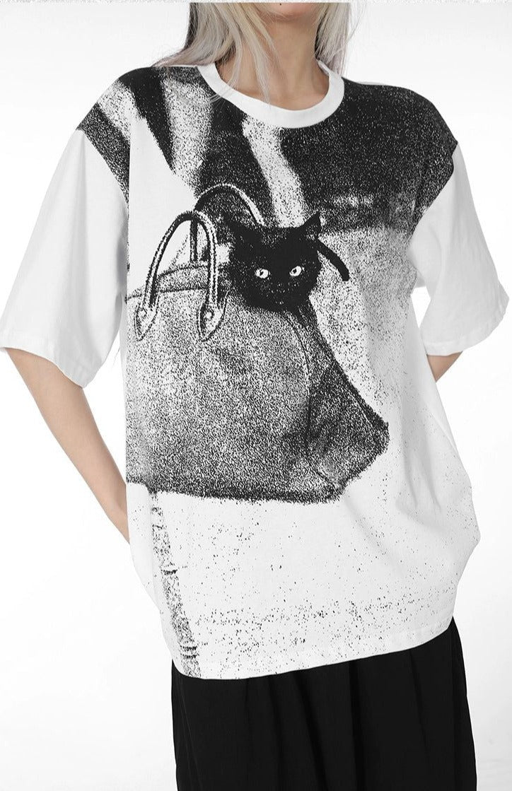 Lazy Grainy Cat Graphic T-Shirt-korean-fashion-T-Shirt-Lazy's Closet-OH Garments