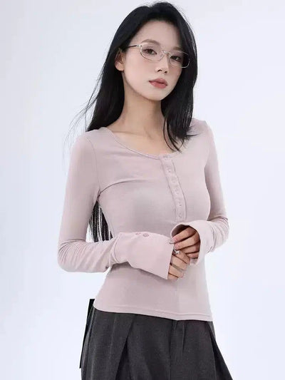 Lazy Henley Collar Long Sleeve T-Shirt-korean-fashion-T-Shirt-Lazy's Closet-OH Garments