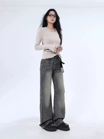 Lazy High Waist Fade Highlight Jeans-korean-fashion-Jeans-Lazy's Closet-OH Garments