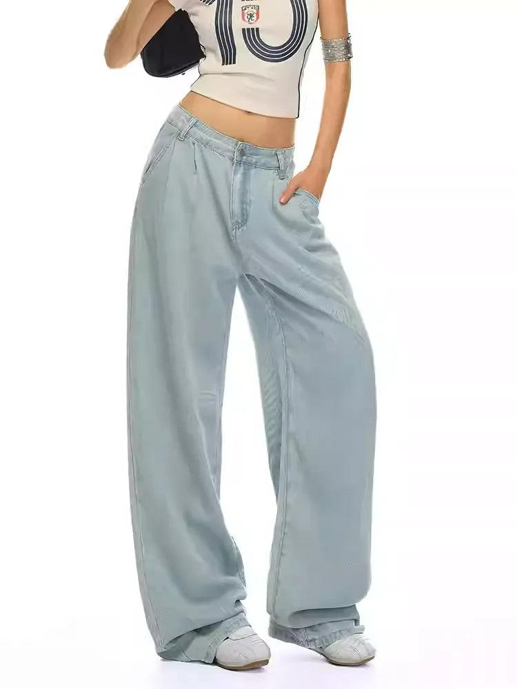 Lazy Light Wash Pleated Wide Jeans-korean-fashion-Jeans-Lazy's Closet-OH Garments