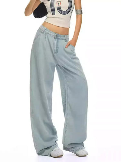 Lazy Light Wash Pleated Wide Jeans-korean-fashion-Jeans-Lazy's Closet-OH Garments