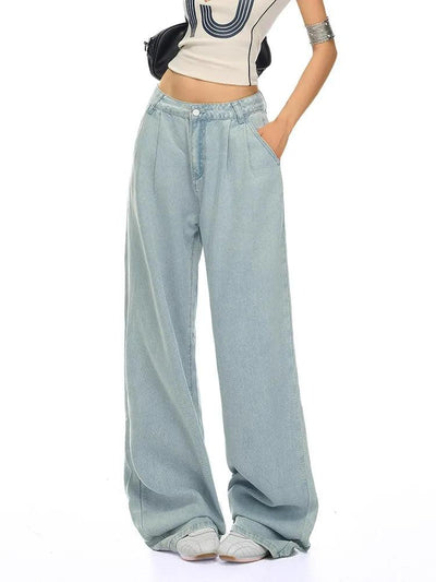 Lazy Light Wash Pleated Wide Jeans-korean-fashion-Jeans-Lazy's Closet-OH Garments
