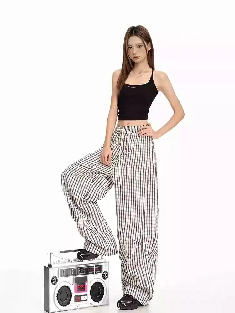Lazy Lightweight Pleated Plaid Pants-korean-fashion-Pants-Lazy's Closet-OH Garments