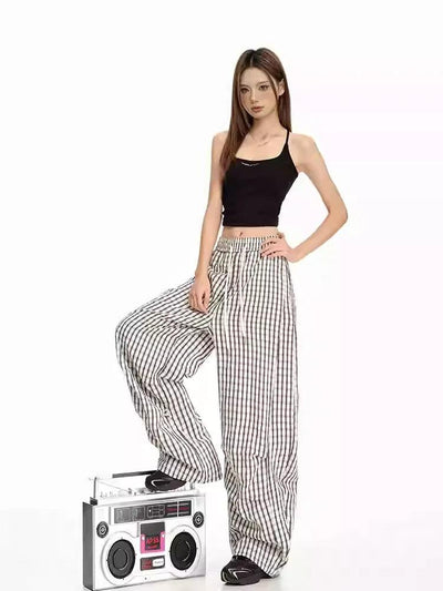 Lazy Lightweight Pleated Plaid Pants-korean-fashion-Pants-Lazy's Closet-OH Garments