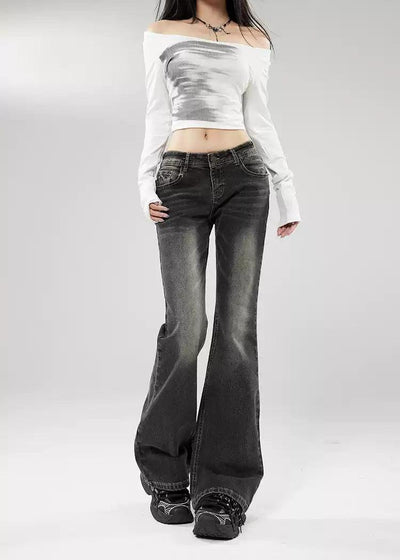 Lazy Low Waist Faded Highlight Jeans-korean-fashion-Jeans-Lazy's Closet-OH Garments