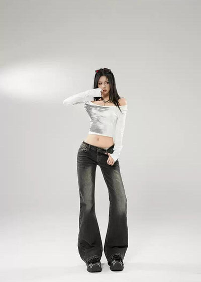 Lazy Low Waist Faded Highlight Jeans-korean-fashion-Jeans-Lazy's Closet-OH Garments