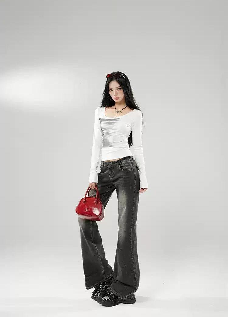 Lazy Low Waist Faded Highlight Jeans-korean-fashion-Jeans-Lazy's Closet-OH Garments
