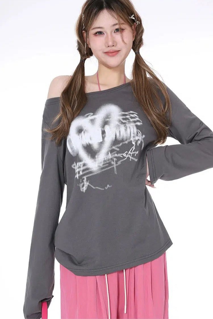 Lazy Off Shoulder Long Sleeve T-Shirt-korean-fashion-T-Shirt-Lazy's Closet-OH Garments