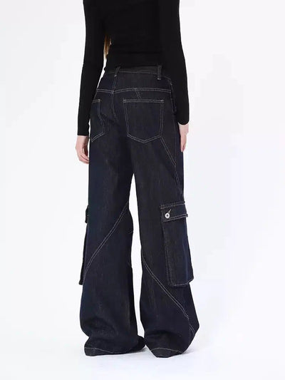 Lazy Oversized Pocket Stitched Detail Cargo Jeans-korean-fashion-Jeans-Lazy's Closet-OH Garments