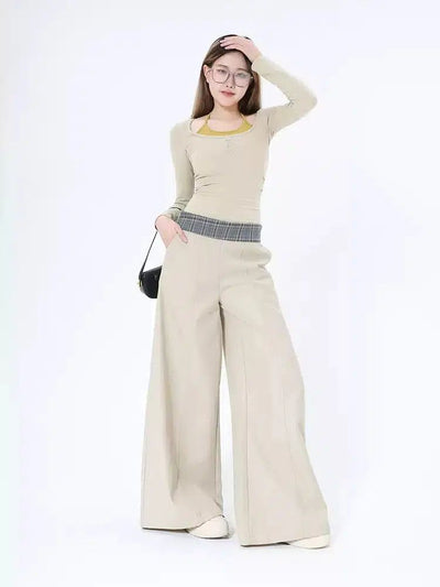 Lazy Plaid Contrast Wide Leg Pants-korean-fashion-Pants-Lazy's Closet-OH Garments