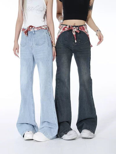 Lazy Plaid Strap Flared Jeans-korean-fashion-Jeans-Lazy's Closet-OH Garments