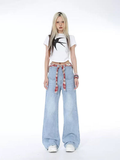 Lazy Plaid Strap Flared Jeans-korean-fashion-Jeans-Lazy's Closet-OH Garments