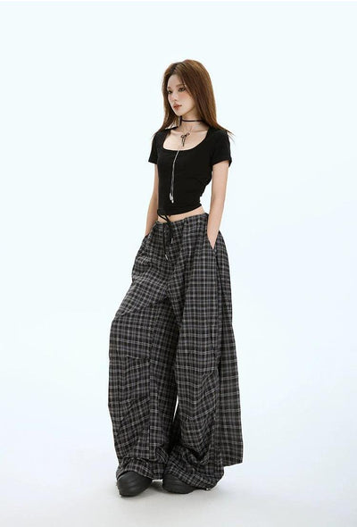 Lazy Plaid Tie-Up Loose Pants-korean-fashion-Pants-Lazy's Closet-OH Garments