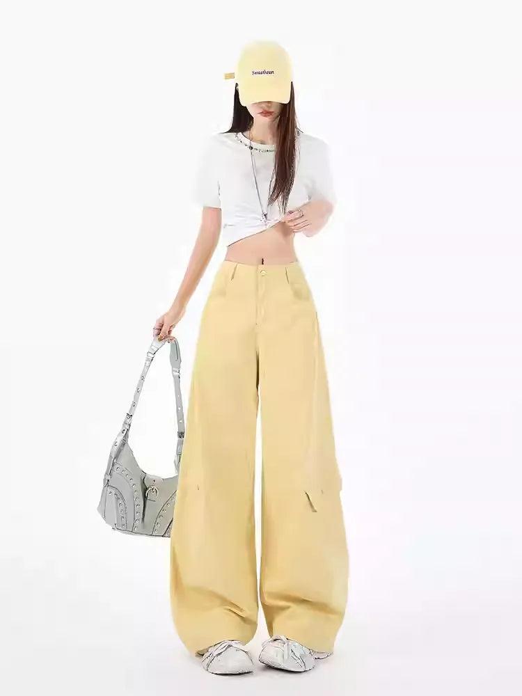 Lazy Plain Wide Leg Cargo Pants-korean-fashion-Pants-Lazy's Closet-OH Garments