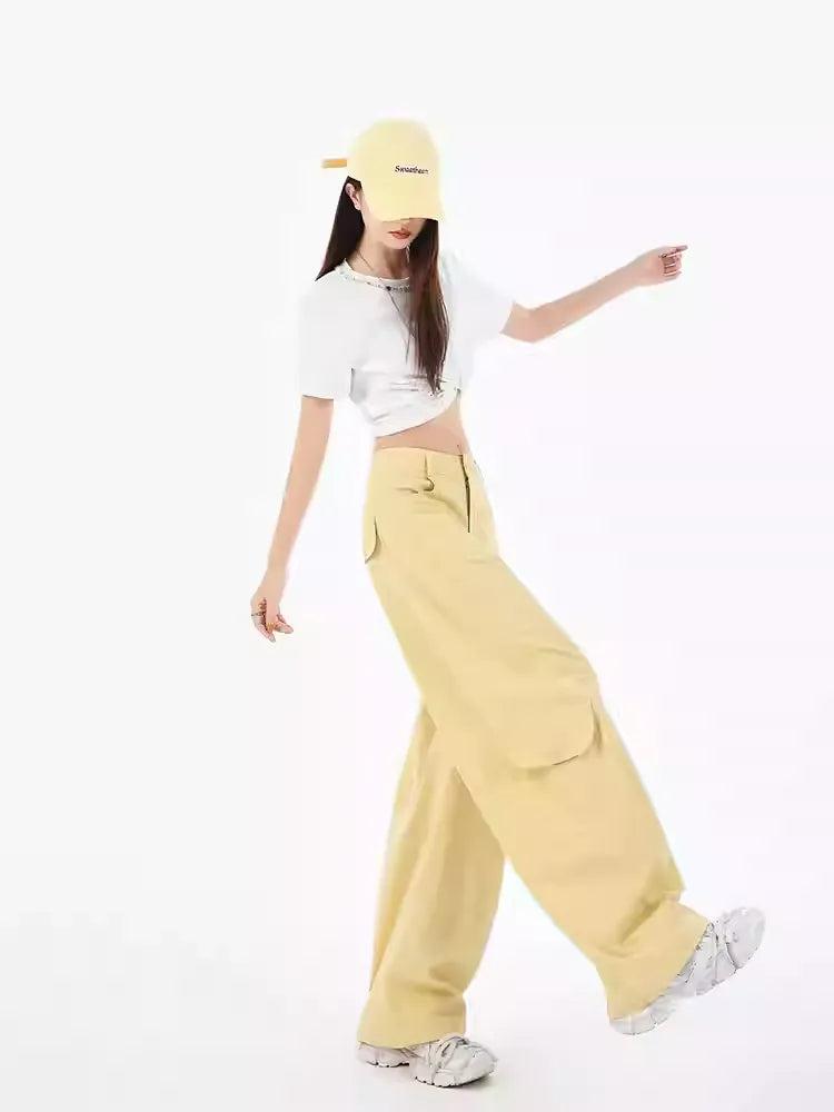 Lazy Plain Wide Leg Cargo Pants-korean-fashion-Pants-Lazy's Closet-OH Garments