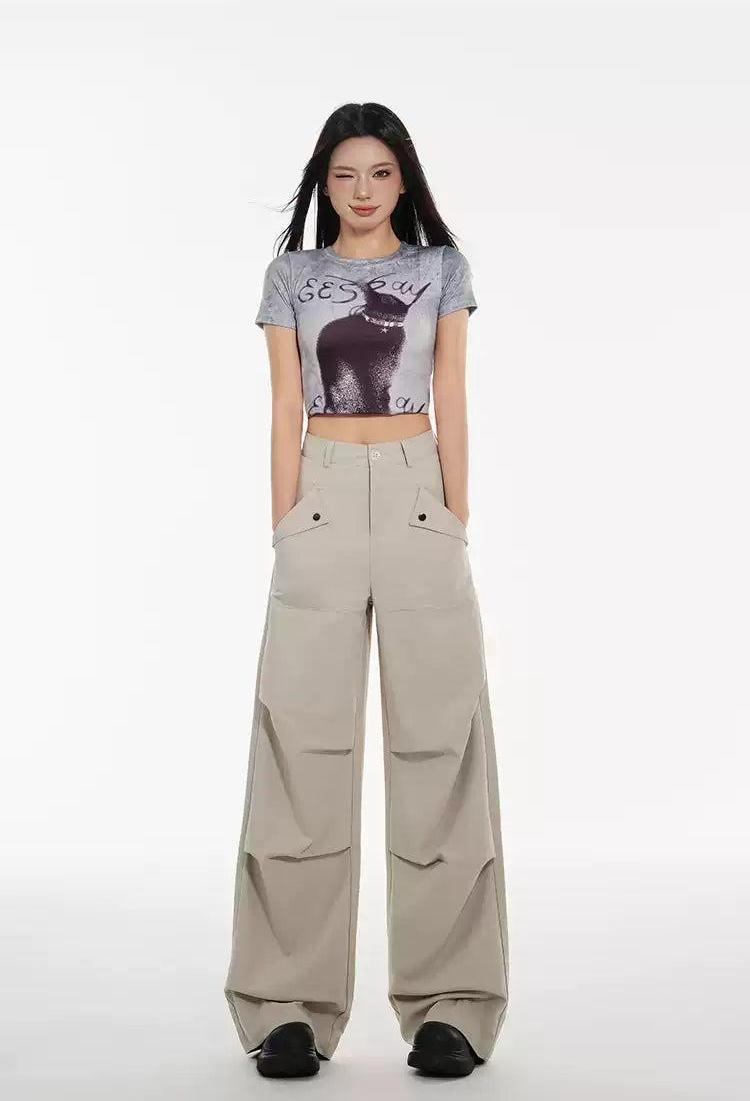 Lazy Pleated High Waisted Cargo Pants-korean-fashion-Pants-Lazy's Closet-OH Garments