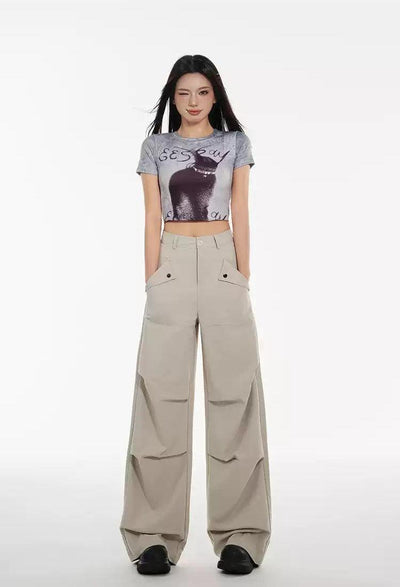 Lazy Pleated High Waisted Cargo Pants-korean-fashion-Pants-Lazy's Closet-OH Garments