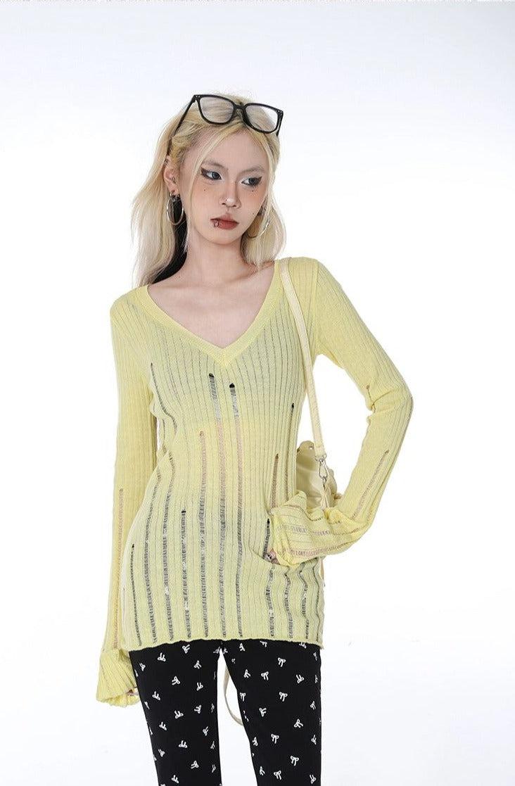 Lazy Ribbed Distressed Slim Sweater-korean-fashion-Sweater-Lazy's Closet-OH Garments