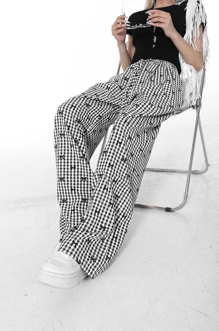 Lazy Ribbons and Micro-Checkered Pants-korean-fashion-Pants-Lazy's Closet-OH Garments