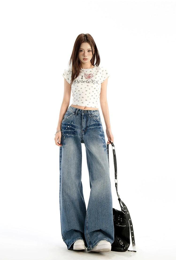 Lazy Rivet Washed High Waist Jeans-korean-fashion-Jeans-Lazy's Closet-OH Garments