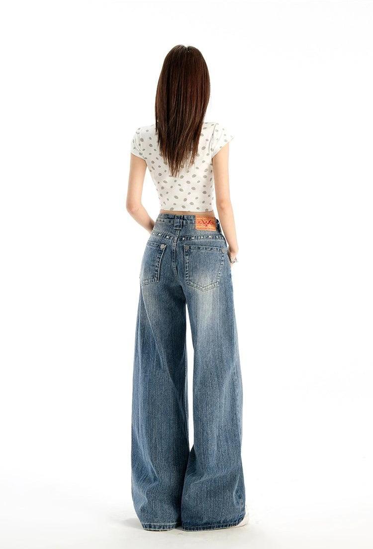 Lazy Rivet Washed High Waist Jeans-korean-fashion-Jeans-Lazy's Closet-OH Garments