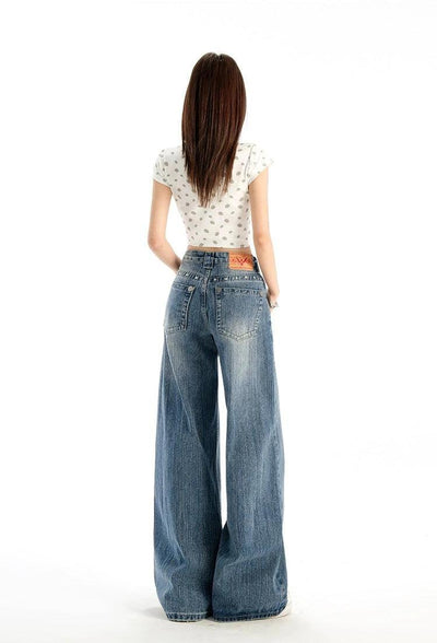 Lazy Rivet Washed High Waist Jeans-korean-fashion-Jeans-Lazy's Closet-OH Garments