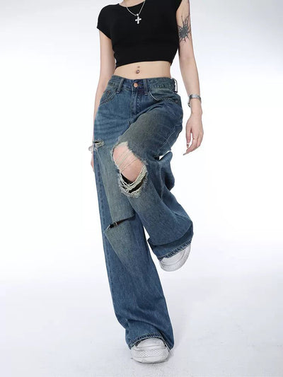 Lazy Sand Washed Ripped Jeans-korean-fashion-Jeans-Lazy's Closet-OH Garments
