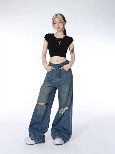 Lazy Sand Washed Ripped Jeans-korean-fashion-Jeans-Lazy's Closet-OH Garments