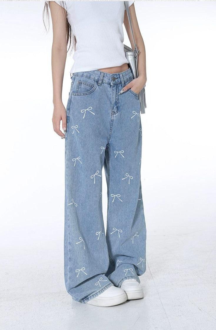 Lazy Scattered Ribbon Bows Jeans-korean-fashion-Jeans-Lazy's Closet-OH Garments