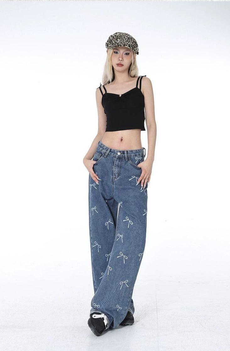 Lazy Scattered Ribbon Bows Jeans-korean-fashion-Jeans-Lazy's Closet-OH Garments