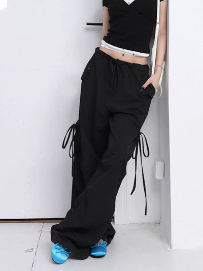 Lazy Side Bow-Tie Parachute Pants-korean-fashion-Pants-Lazy's Closet-OH Garments