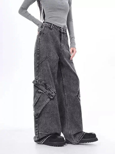 Lazy Side Wide Pockets Cargo Jeans-korean-fashion-Jeans-Lazy's Closet-OH Garments