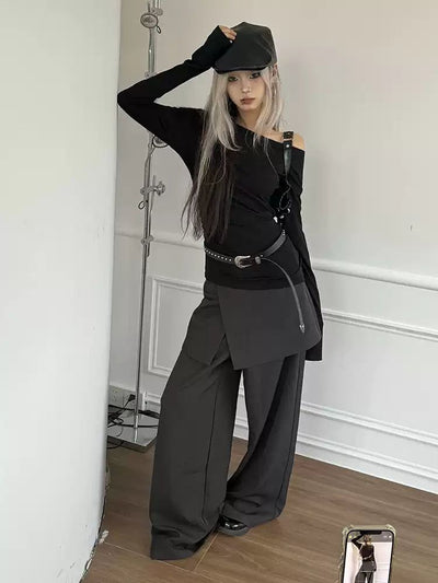 Lazy Spliced Layer Loose Fit Pants-korean-fashion-Pants-Lazy's Closet-OH Garments