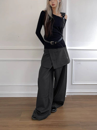 Lazy Spliced Layer Loose Fit Pants-korean-fashion-Pants-Lazy's Closet-OH Garments