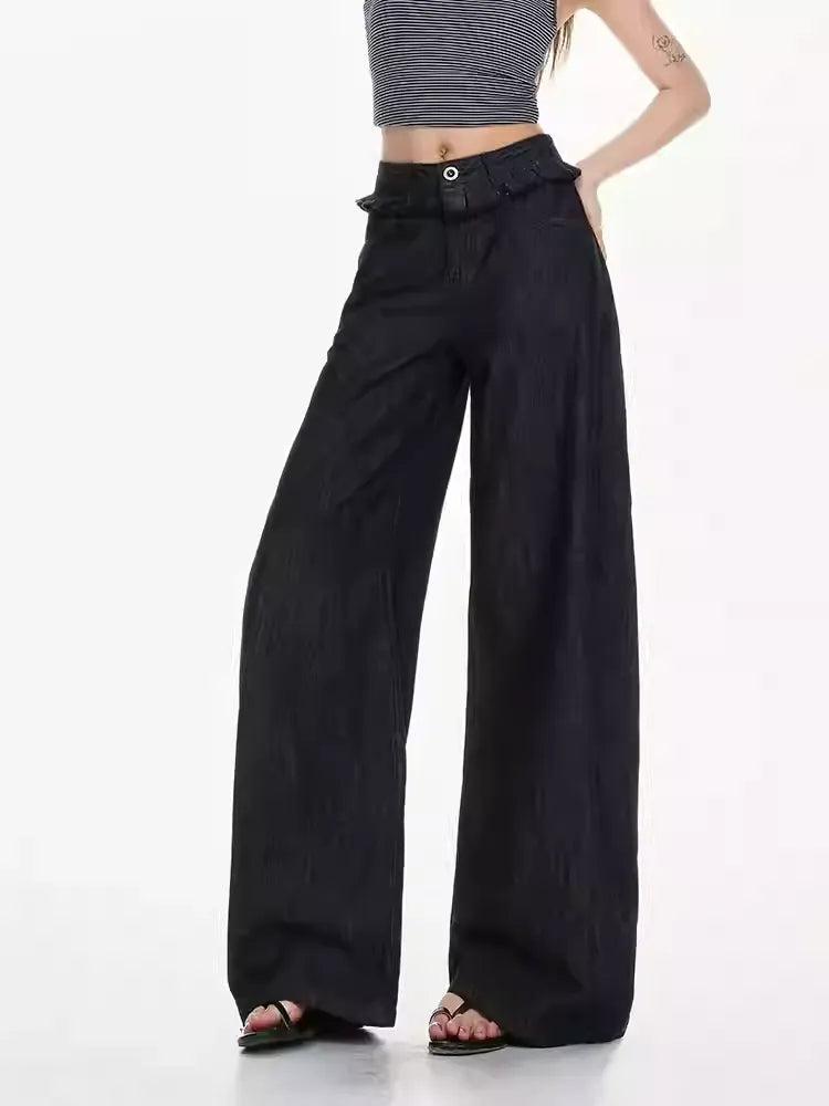 Lazy Spliced Ribbon Straight Jeans-korean-fashion-Jeans-Lazy's Closet-OH Garments