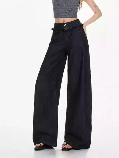 Lazy Spliced Ribbon Straight Jeans-korean-fashion-Jeans-Lazy's Closet-OH Garments