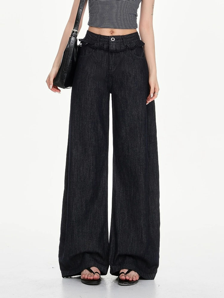 Lazy Spliced Ribbon Straight Jeans-korean-fashion-Jeans-Lazy's Closet-OH Garments
